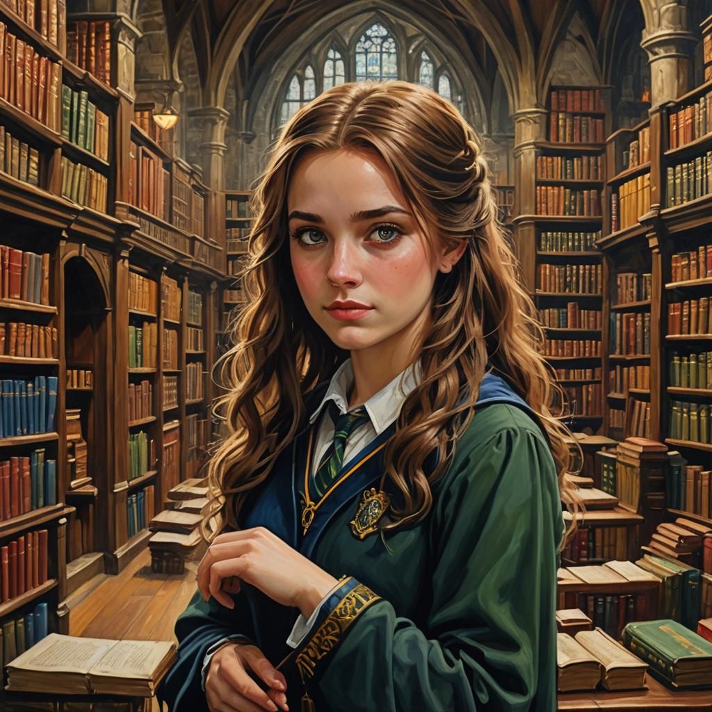 Ravenclaw Student in Hogwarts Library, Oil Painting