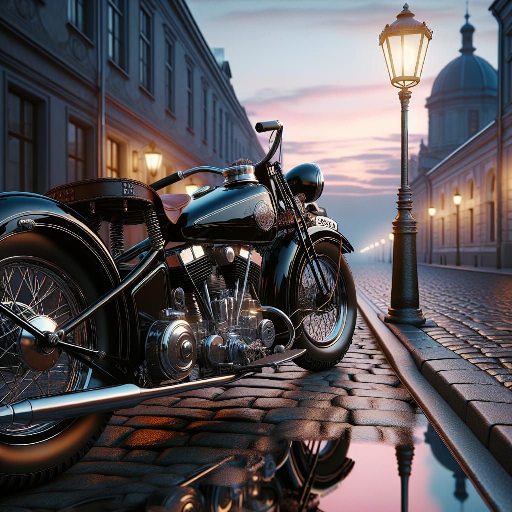 Vintage Motorcycle on Cobblestone Street at Dawn