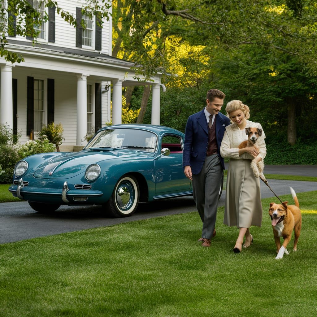 Nostalgic Photo of Classic Car and Couple at Sunset