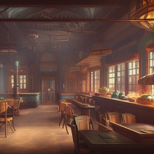 Empty Cafe Daytime: Detailed Matte Painting