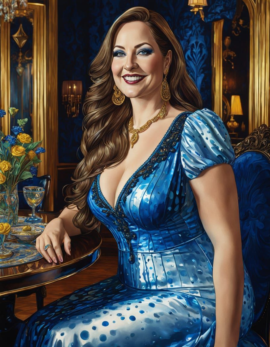 Elegant Woman in a Golden Blue Maxi Dress