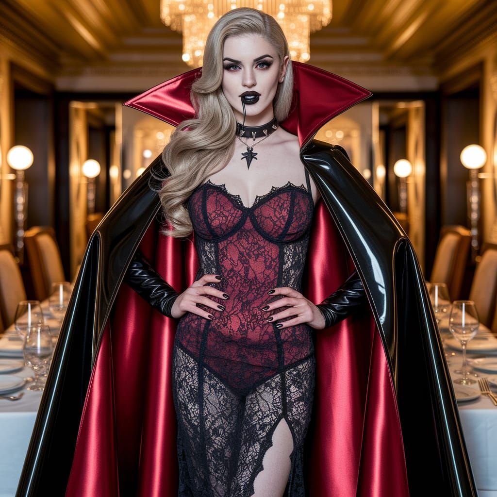 Confident Vampire Goddess in Luxurious Dining Room