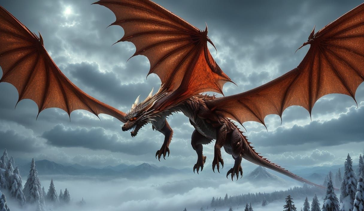 Copper Dragon Soars Over Snowy Peaks in Photorealistic Style