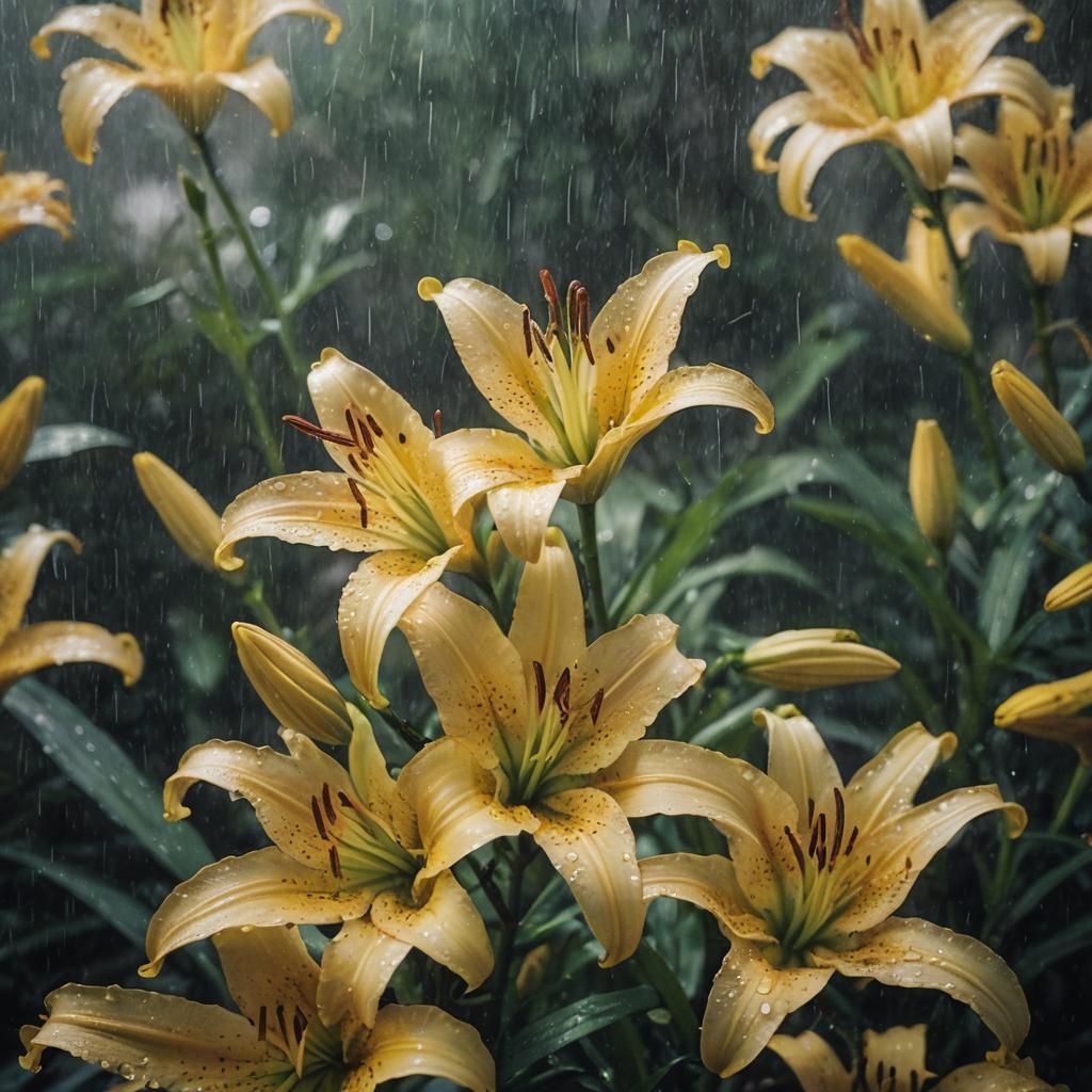 Sparkling Yellow Lily in Spring Rain
