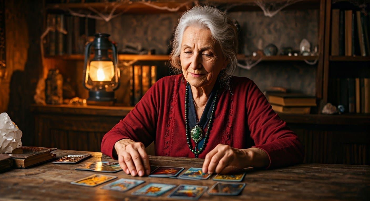Elderly Woman Arranging Tarot Cards in Beksiński Style