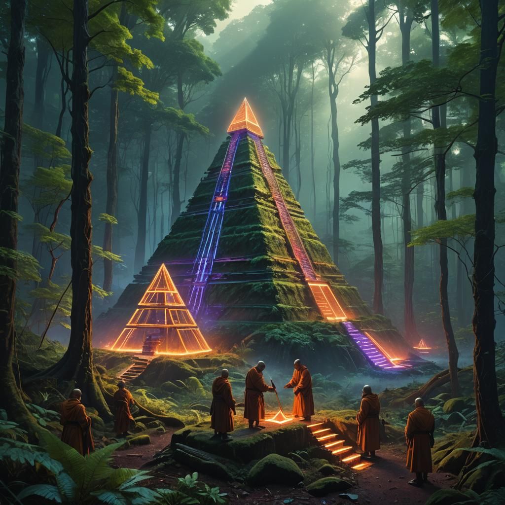 Monks Build Pyramid with Futuristic Tools