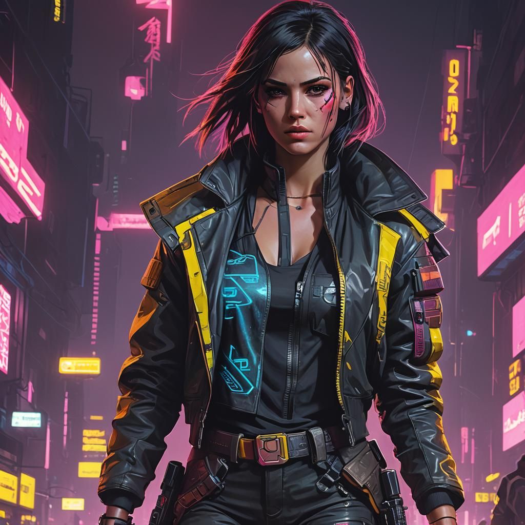 Cyberpunk Women in Neon Cityscape 2099