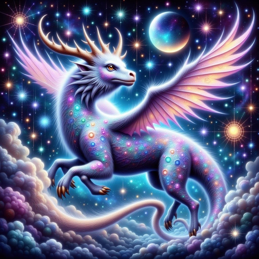 Falcor Soars Amidst Zodiac Constellations in Dreamy, Iridesc...