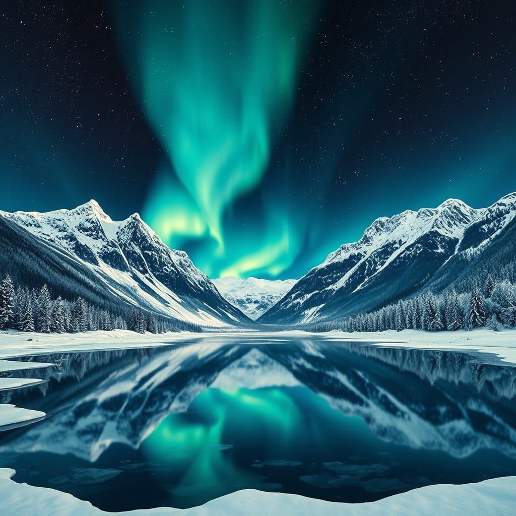 Ethereal Aurora Borealis Over Icy Mountains in a Starry Nigh...