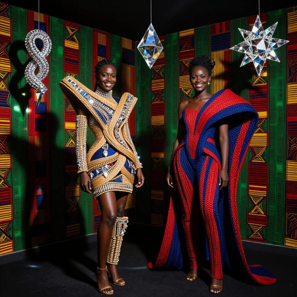 Black Women in Sierra Leonean Textile Room with Sculptures