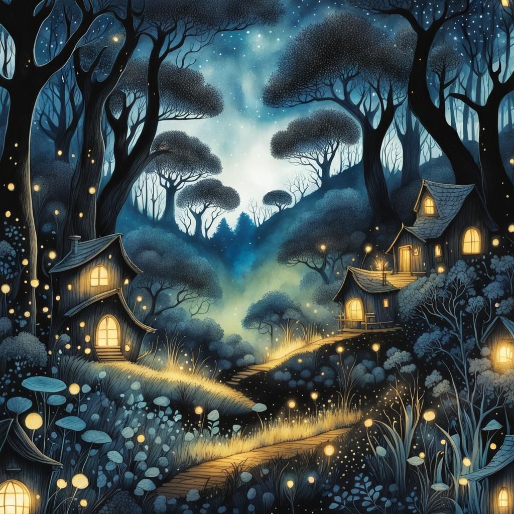 Enchanted Forest with Fairy Houses in Ink