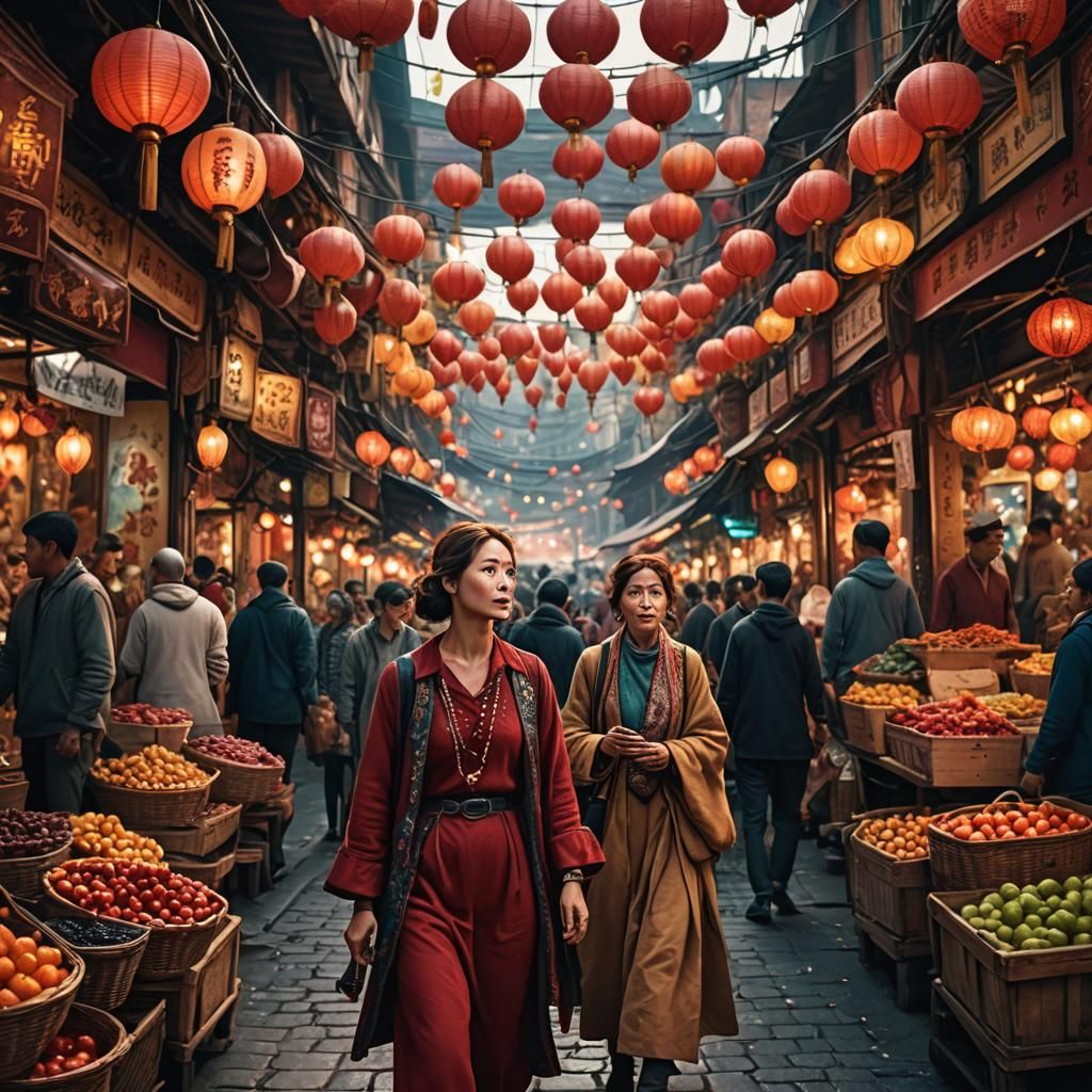 Cherry Lady in Crowded Market with Dramatic Lighting