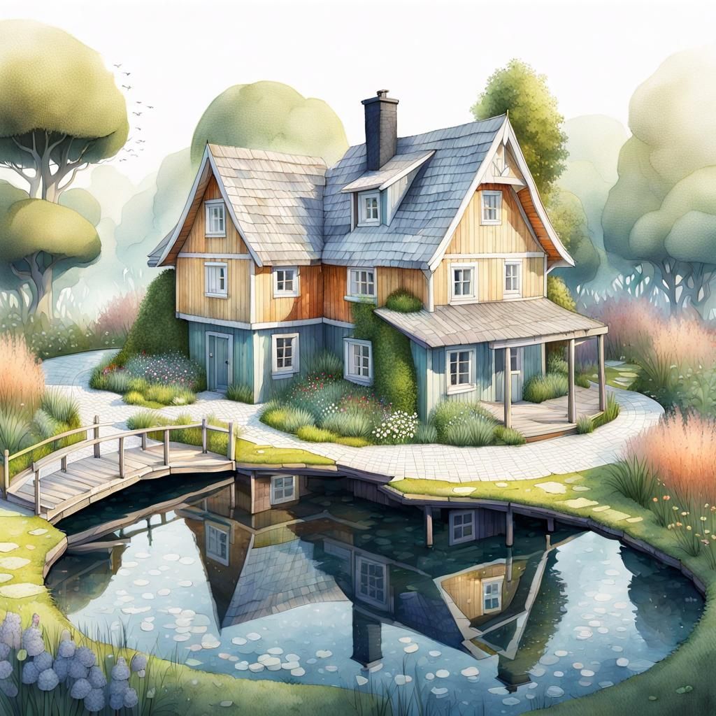 Fairytale Wooden House with Garden: Watercolor Isometric Ske...