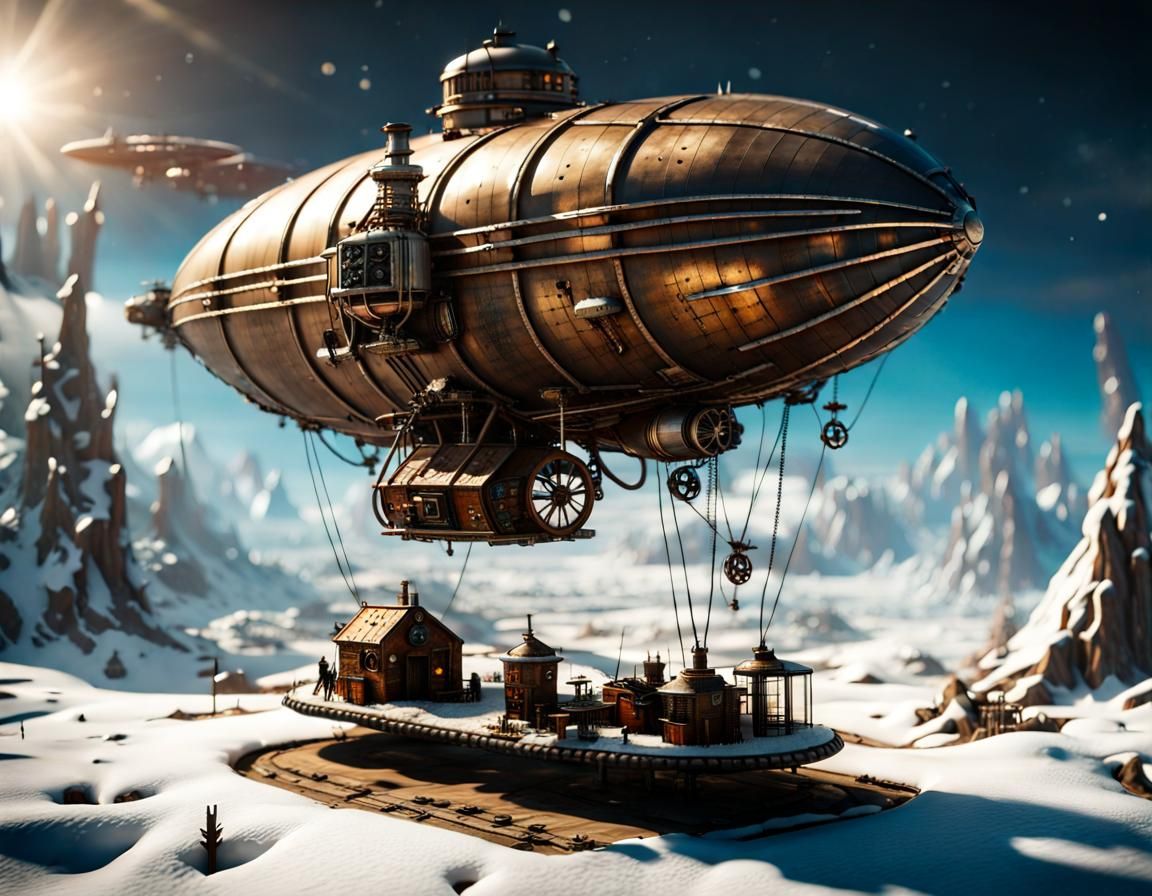 Steampunk Zeppelin Over Frozen Wasteland Outpost