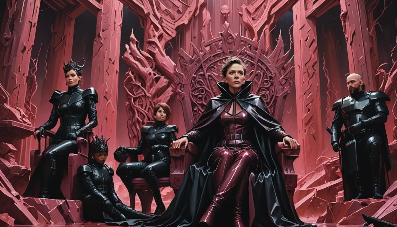Maggie Gyllenhaal dressed in black latex uniform and cape sits on a throne made of rhodonite. She is flanked by female l...
