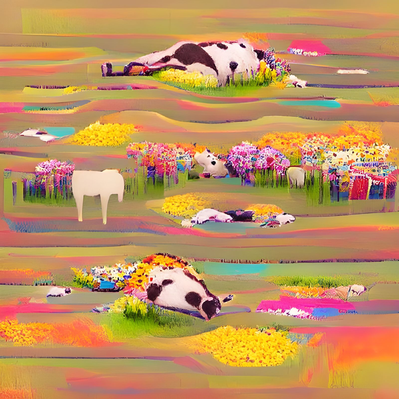 Cow in Flower Field: Pastoral Scene