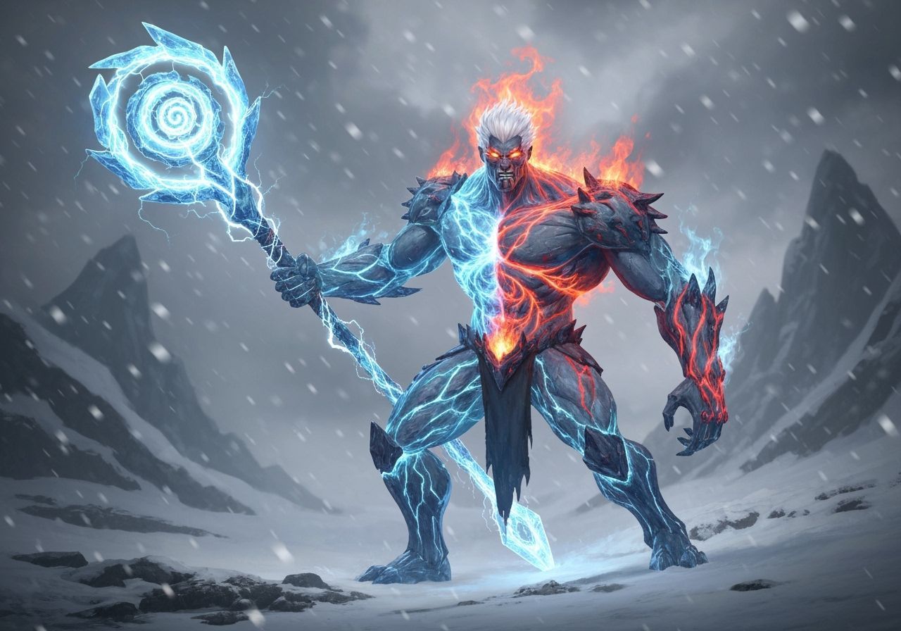 Elemental Fire Ice Golem in Snowy Landscape, Digital Art