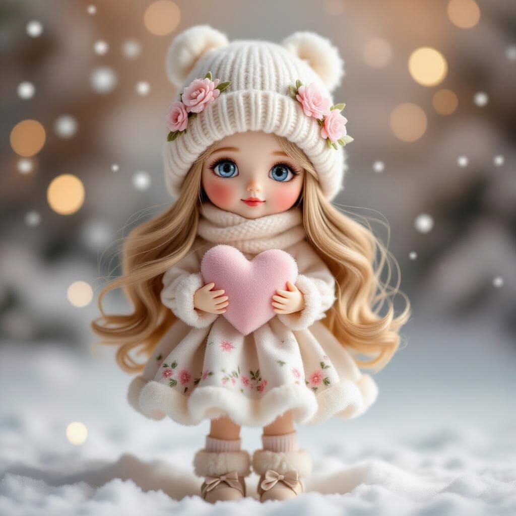 Delicate Doll in Snowy Fairytale Landscape