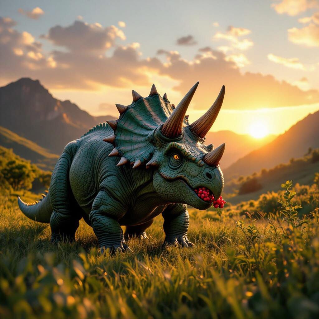 Photorealistic Triceratops Eating Berry at Sunset