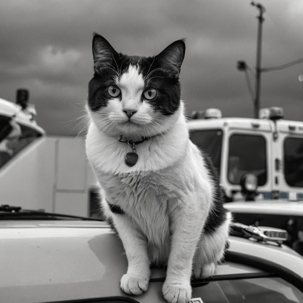 Cat on Ambulance Hood in Black and White