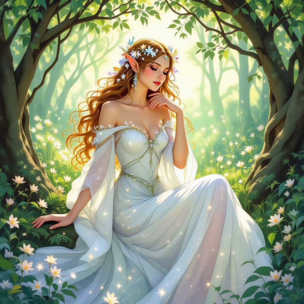 Elven Queen in Grove, Art Nouveau Style