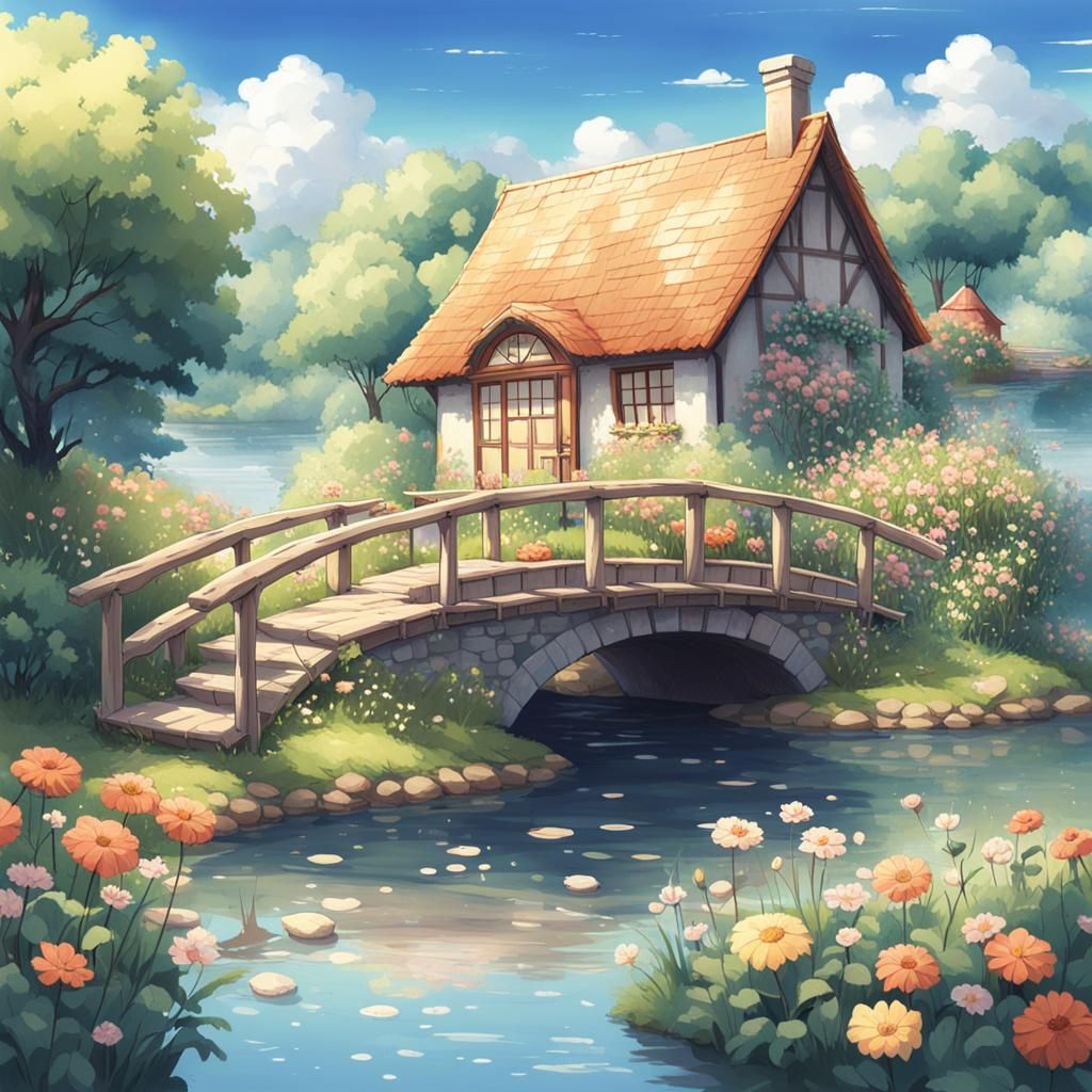 Whimsical Cottage Over River in Anime Style