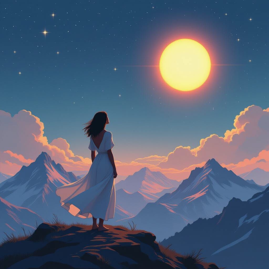 Woman Gazes at Stars Beside Glowing Sun on Mountain Peak