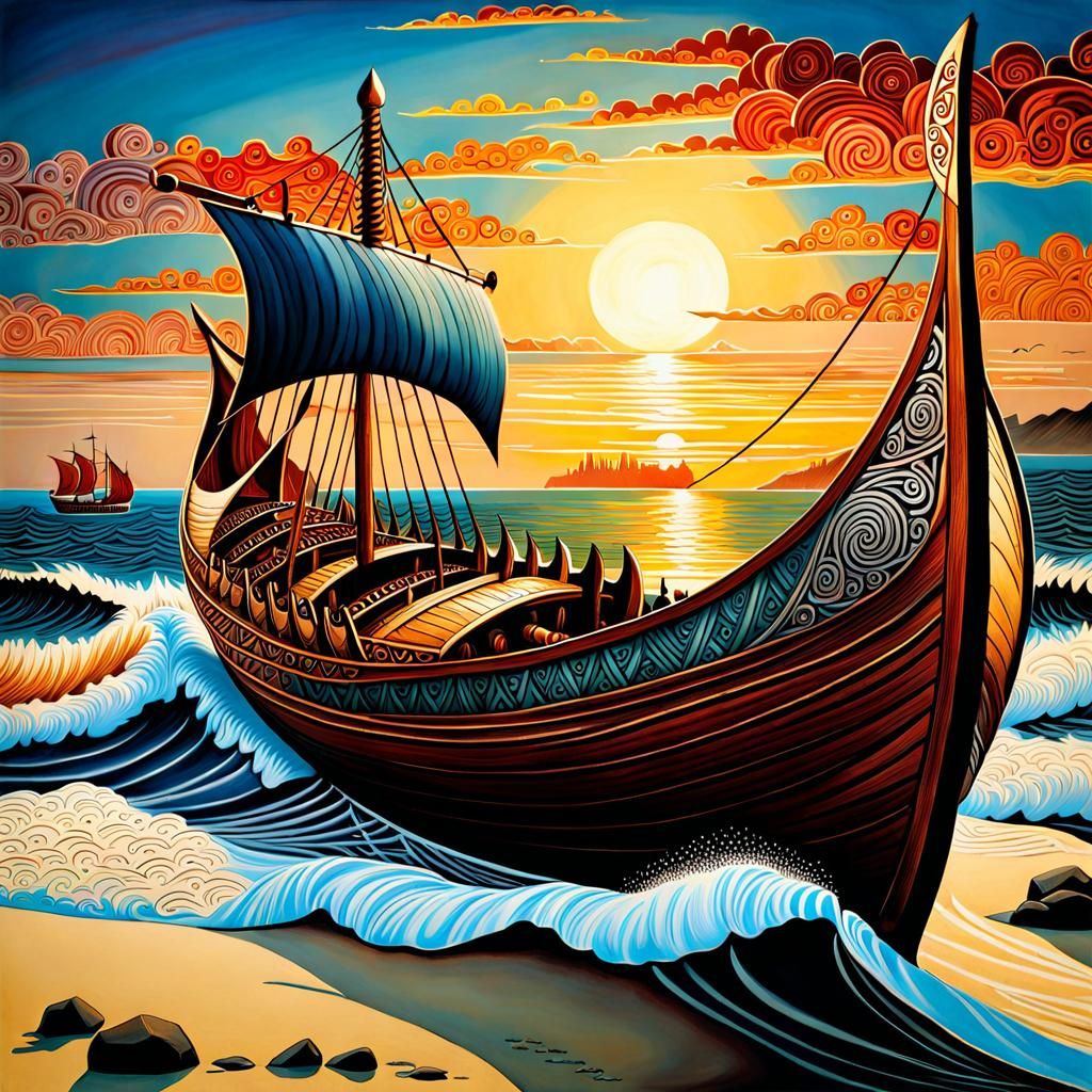 Viking Longboat with Warriors in Art Deco Style
