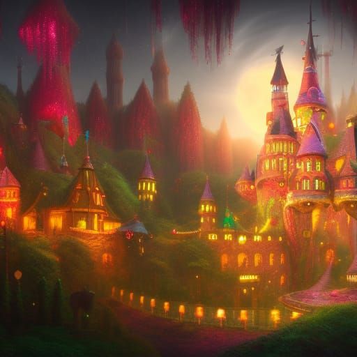 Fantastical Candyland Castle at Night in Detailed Rendering