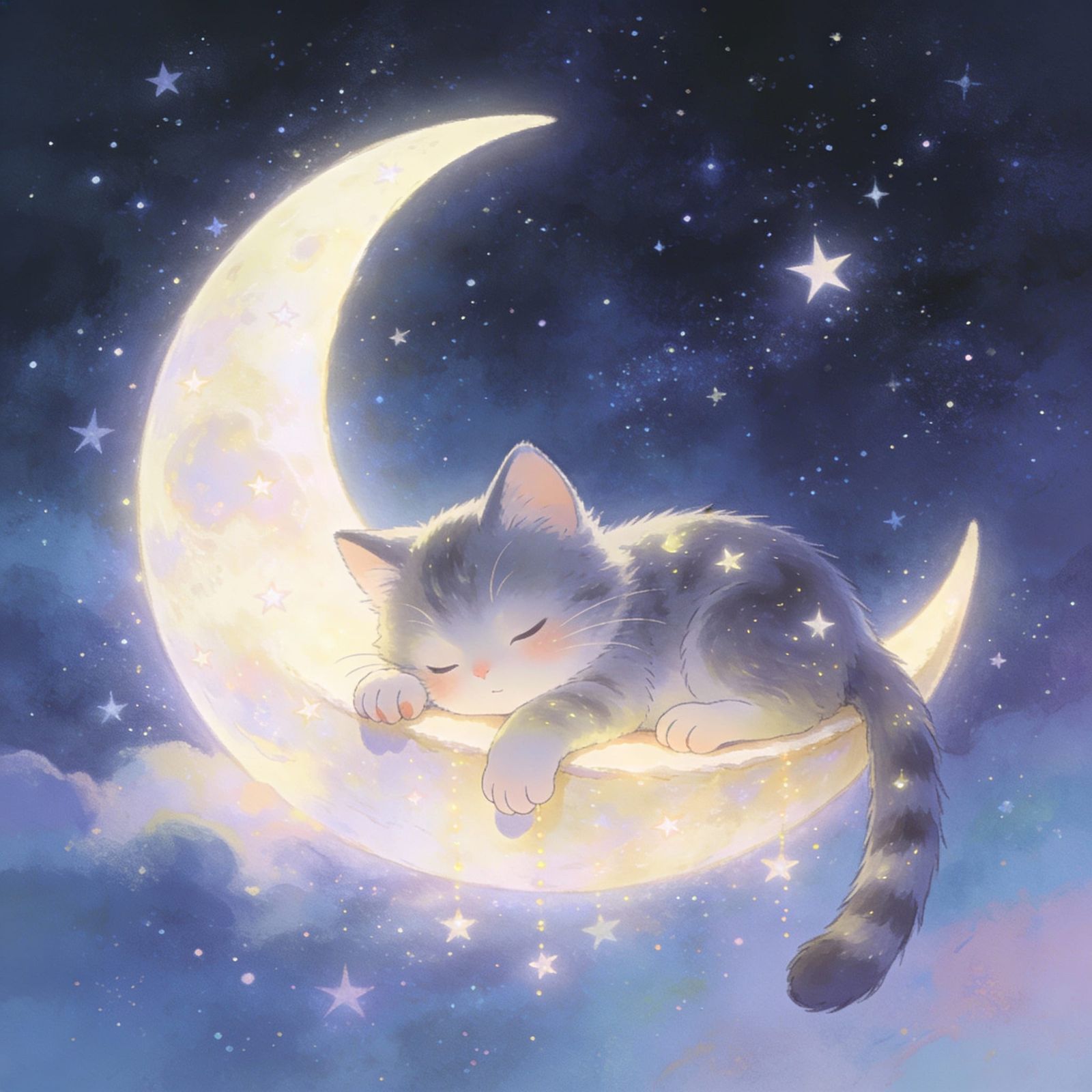 Moon Kitten on Crescent Moon Over Starry Sky