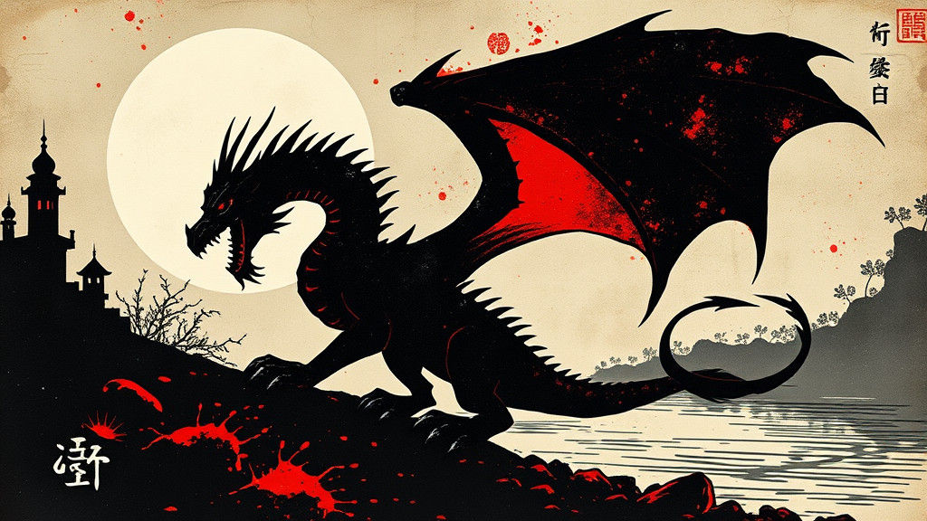 Steampunk Dragon Silhouette in Ink Painting Style