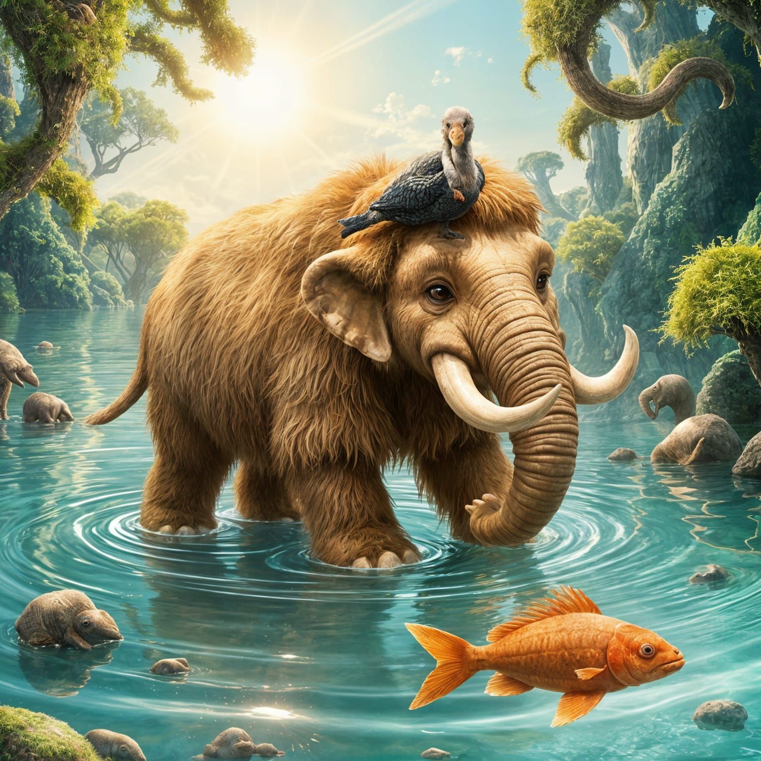 Cute Baby Mammoth and Dodo in Prehistoric Lake