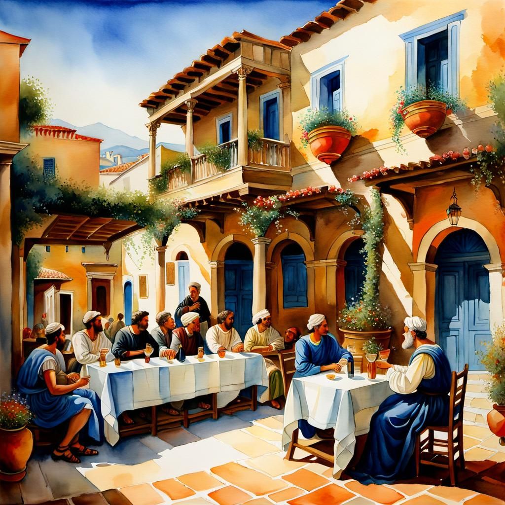 Greek Courtyard Scene as Renaissance Watercolor