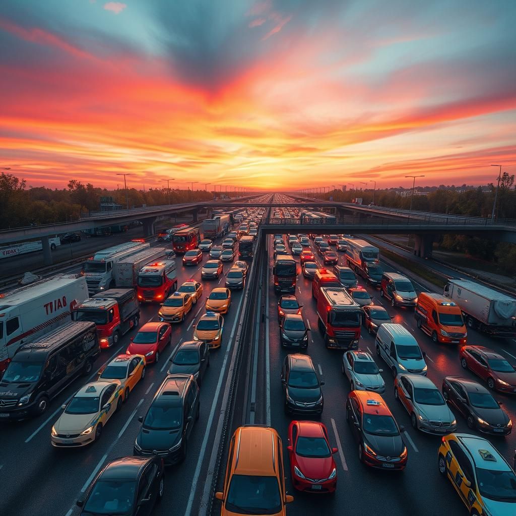 Congested Motorway Aerial View in Hyperrealistic Style