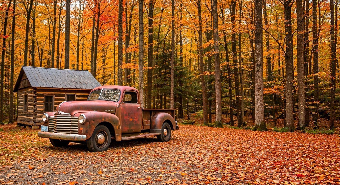 1949 Chevy Pickup in Autumn Forest Near Log Cabin