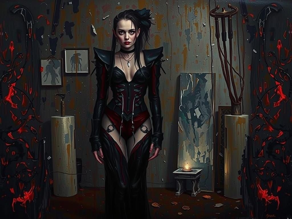 Goth Fashion Model in Textured Black Oil Paint Studio