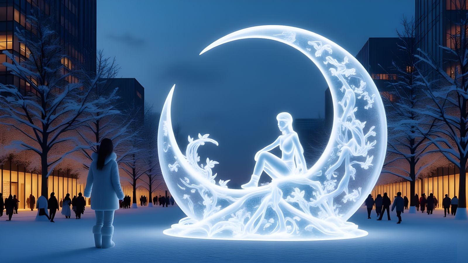 Ice Princess Sculpture in Snow Park, Translucent Anime Style