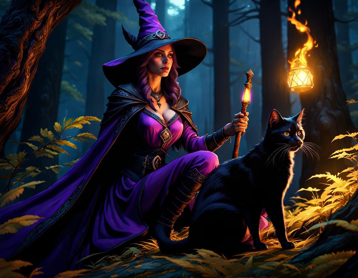 Witch and Cat in Dark Forest, Hyperdetailed Art
