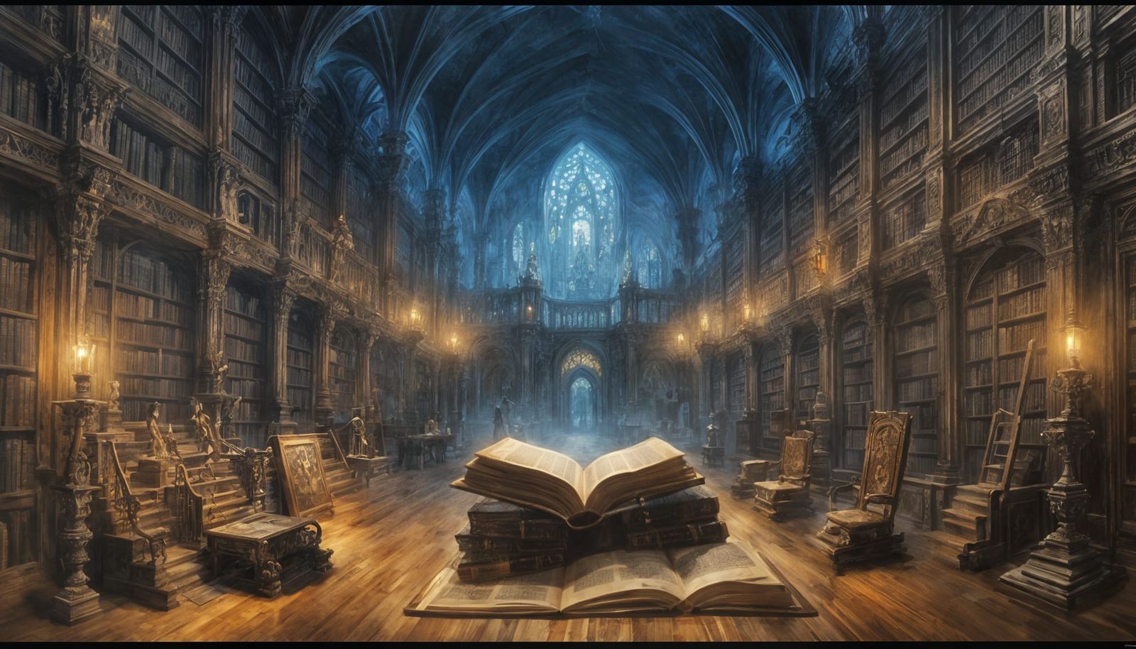 Fantasy Library Castle in Distinctive Mixed Media Style