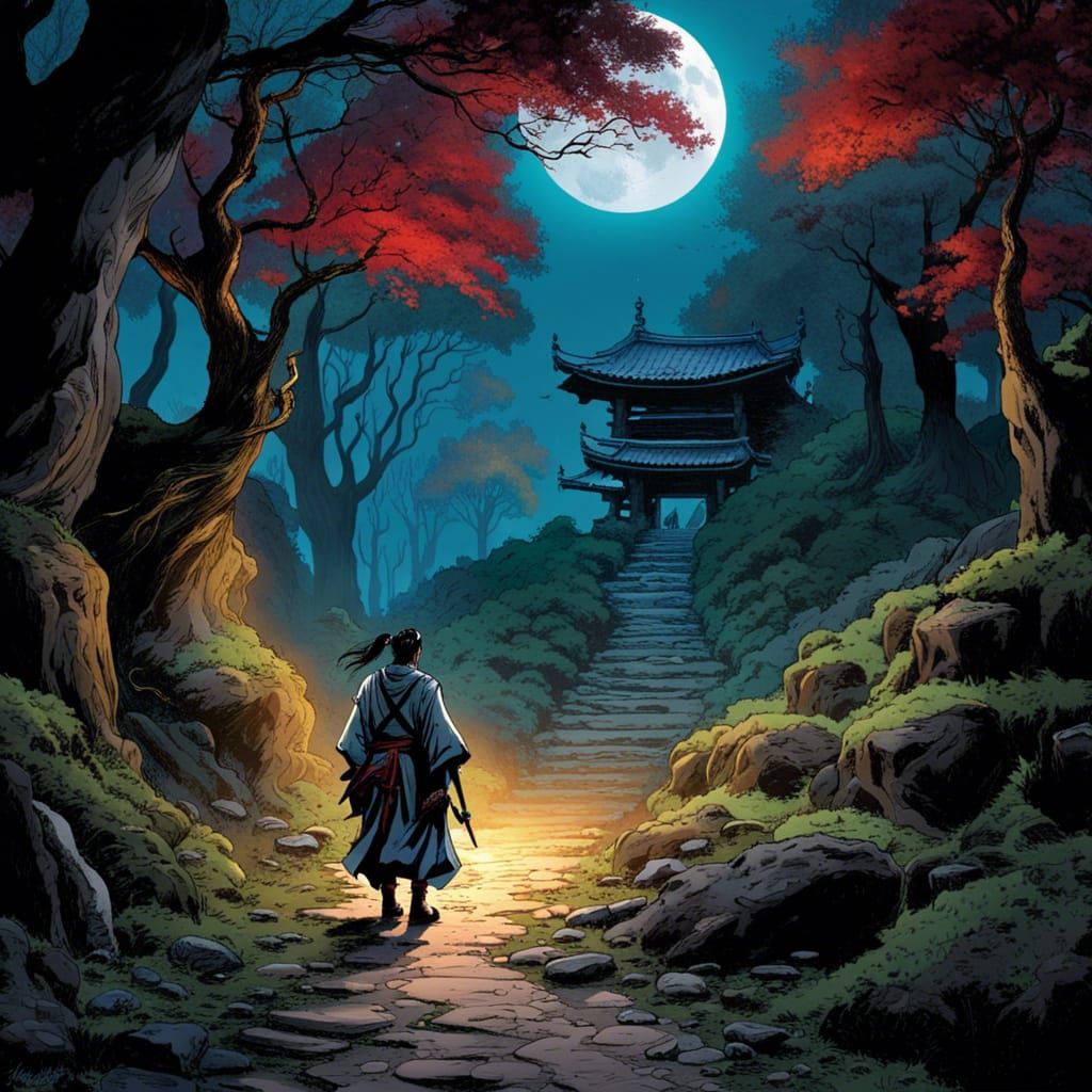 Samurai on Forest Path Under Crescent Moon