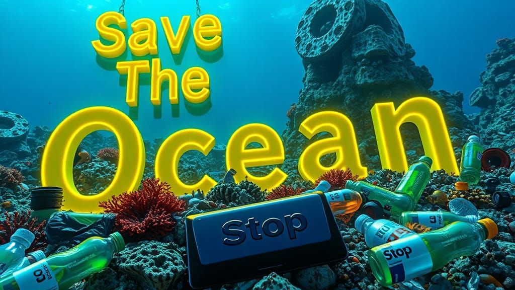 Neon "Save The Ocean" Over Polluted Reef in Cyberpunk Style