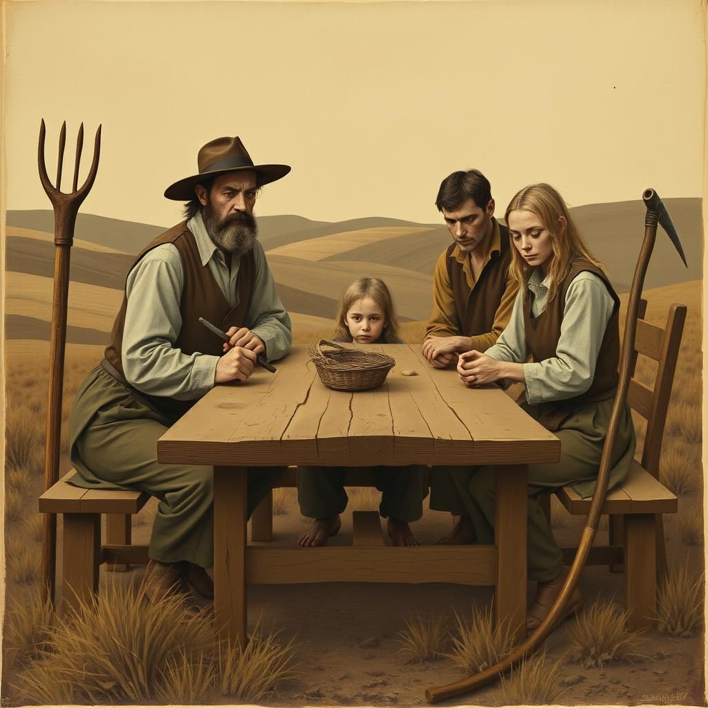 Farmers with Tools in Expressionist Surreal Style