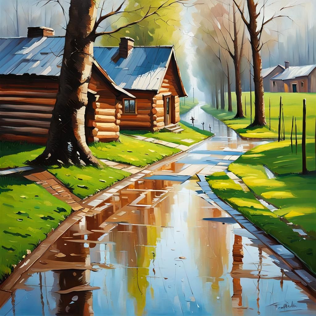 Sunny Spring Day on Crooked Village Street as Oil Painting