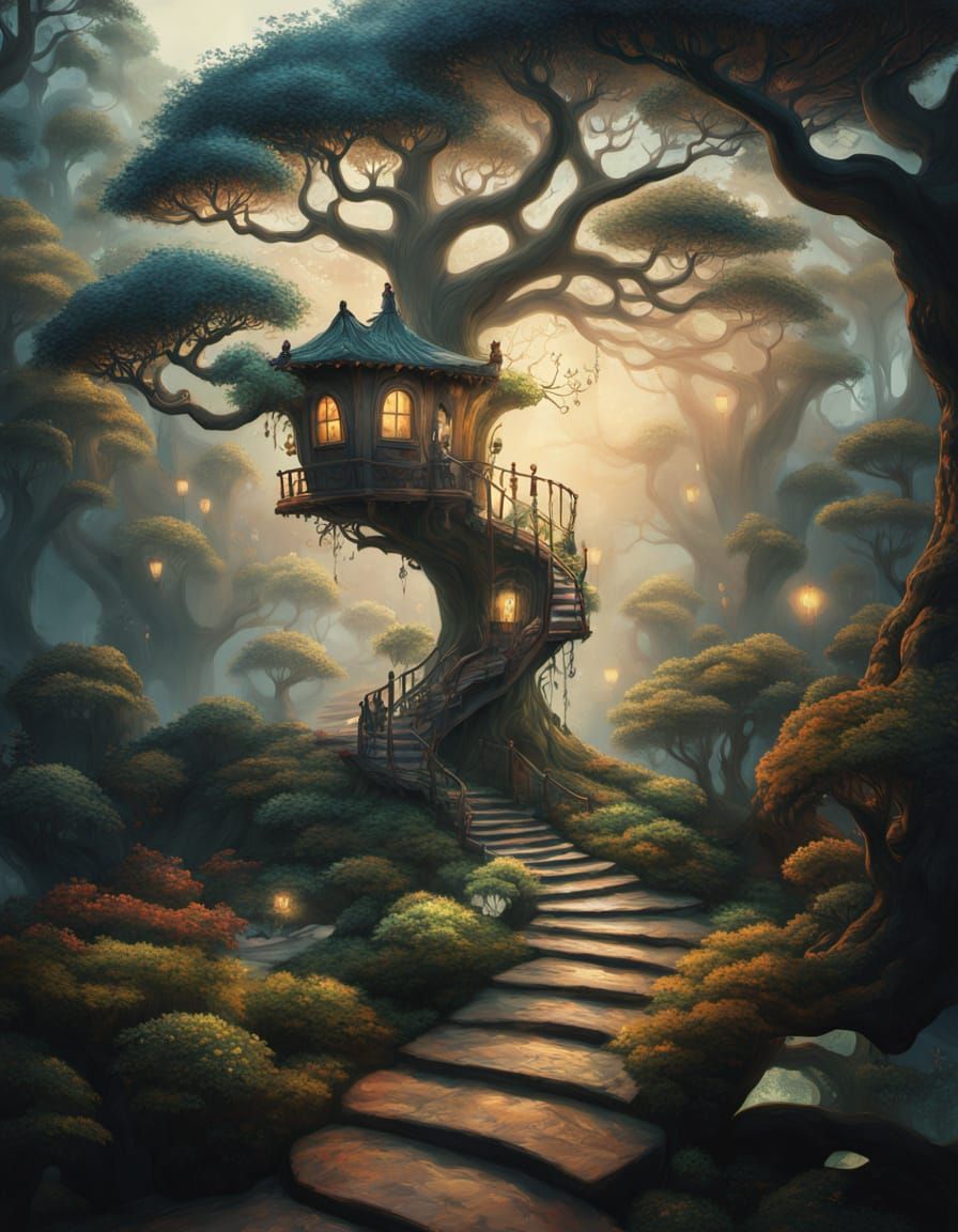 Ethereal Treehouse Dreamscape in Vibrant, Shimmering Colors