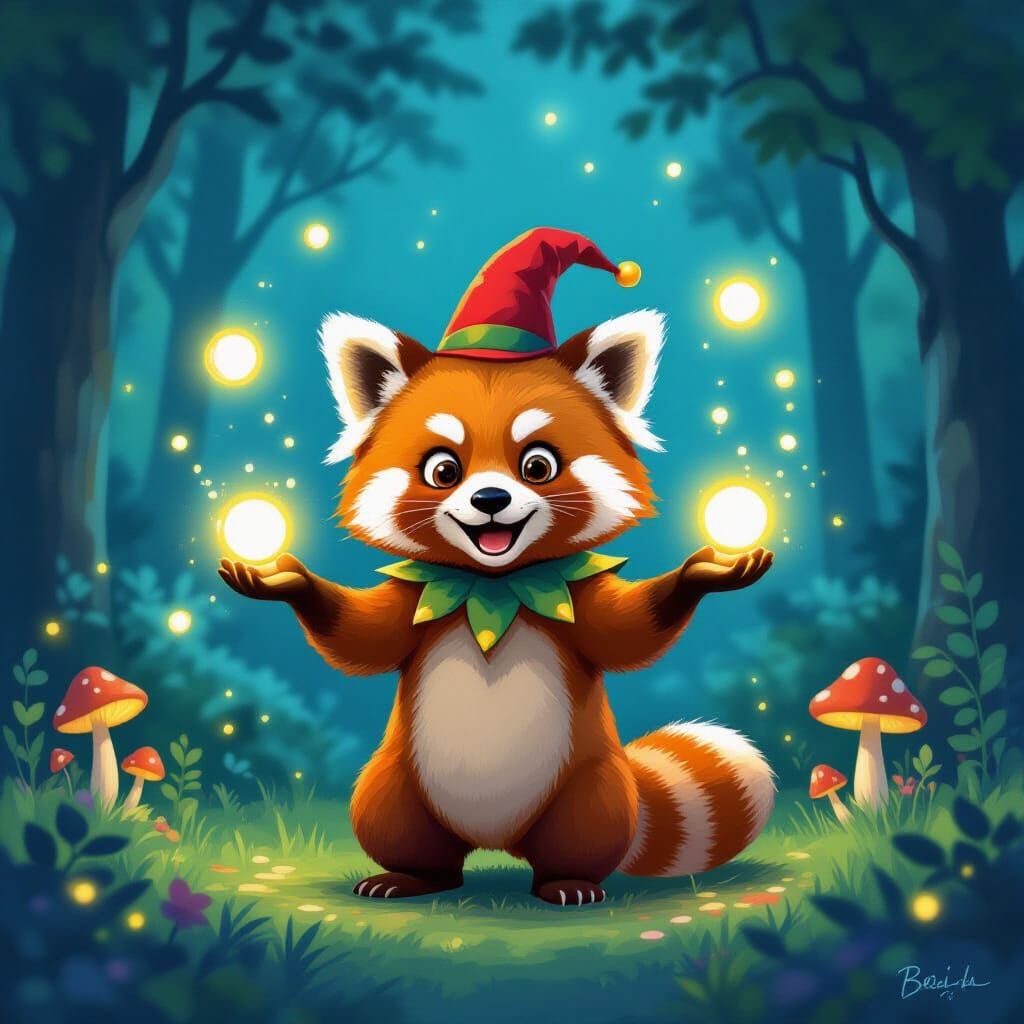 Mischievous Red Panda Juggles Light Orbs in Enchanted Forest