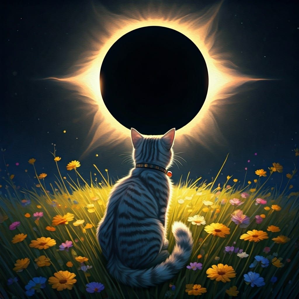 Tabby Cat Watches Solar Eclipse: Impressionist Oil Painting