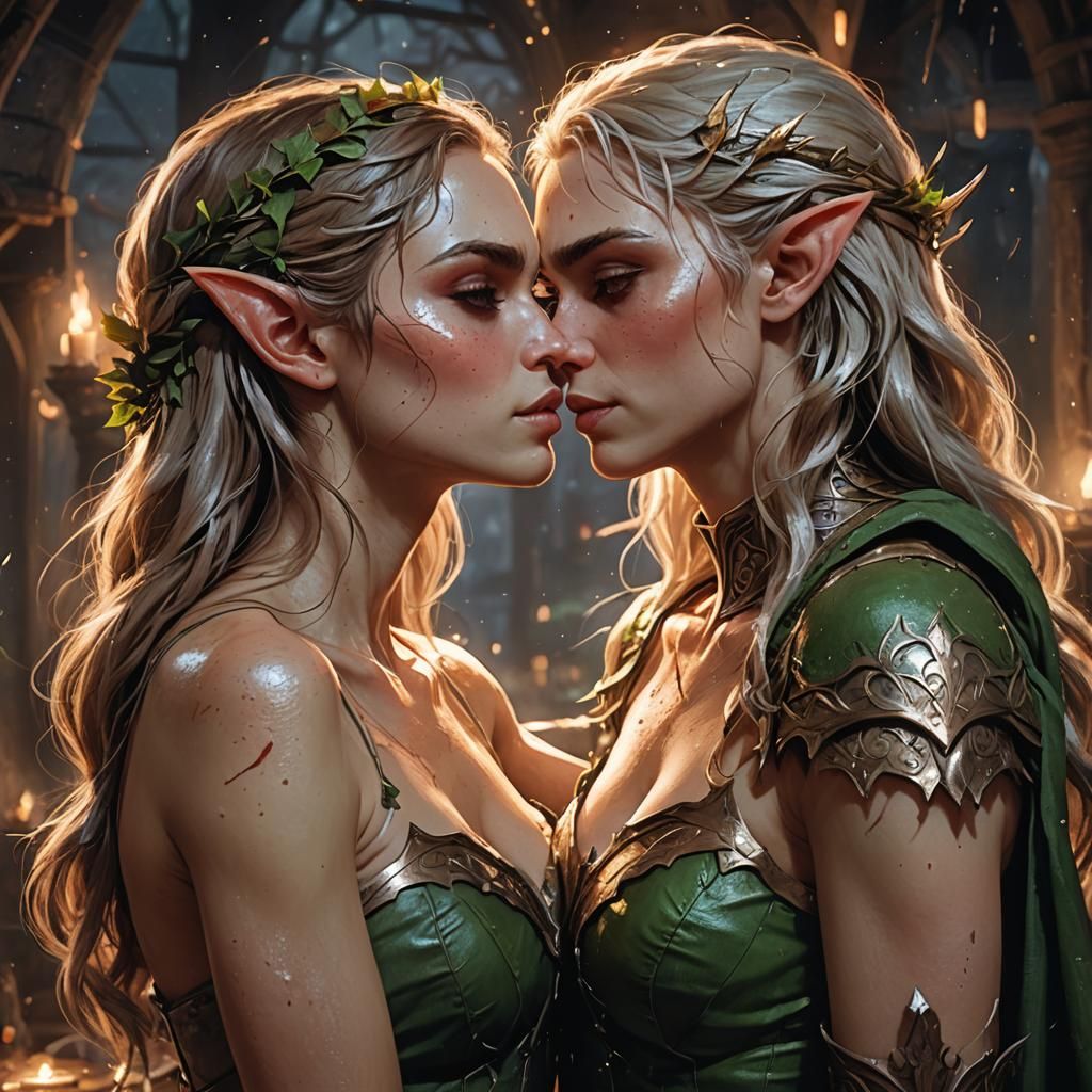 Elf Women Kissing in Brothel: Fantasy Art