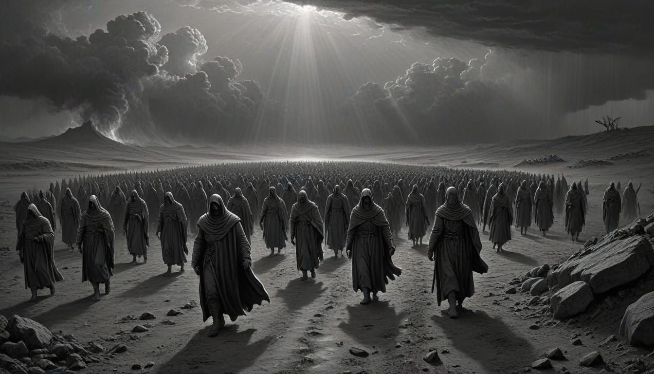 Souls Stride Through Barren Landscape in Dante's Purgatorio