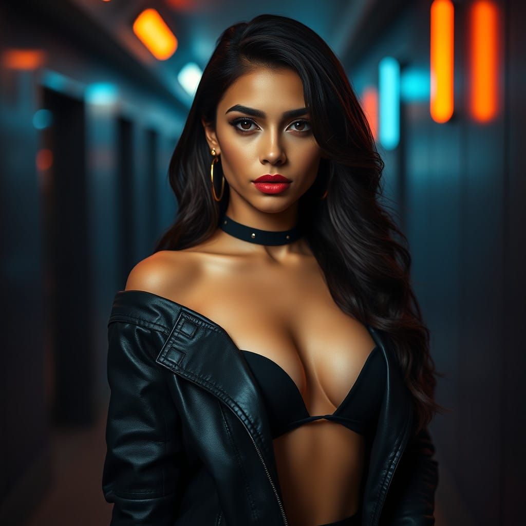 Confident Latina Woman in Black Leather Jacket