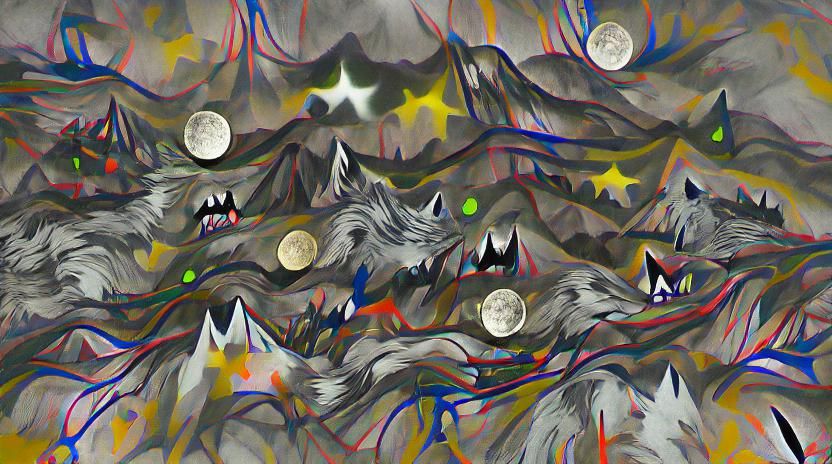 Lone Wolf Howling at Moon in Ink Drawing